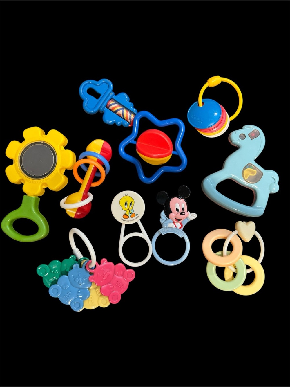 Lot of Vintage baby rattlers and toys